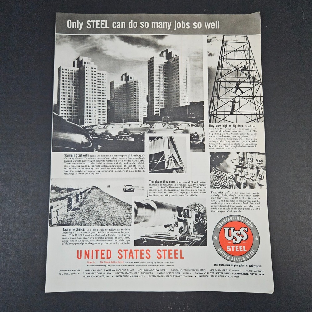 1953 United States Steel Vintage Print Ad Skyscrapers Cars‎ Food Cans Utilities